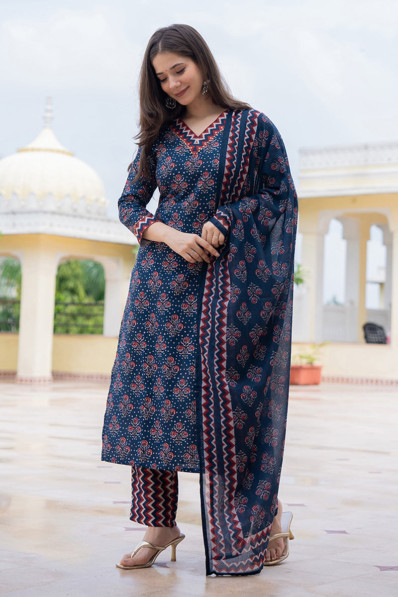 navy blue rayon blend floral printed straight trouser bottom suit set