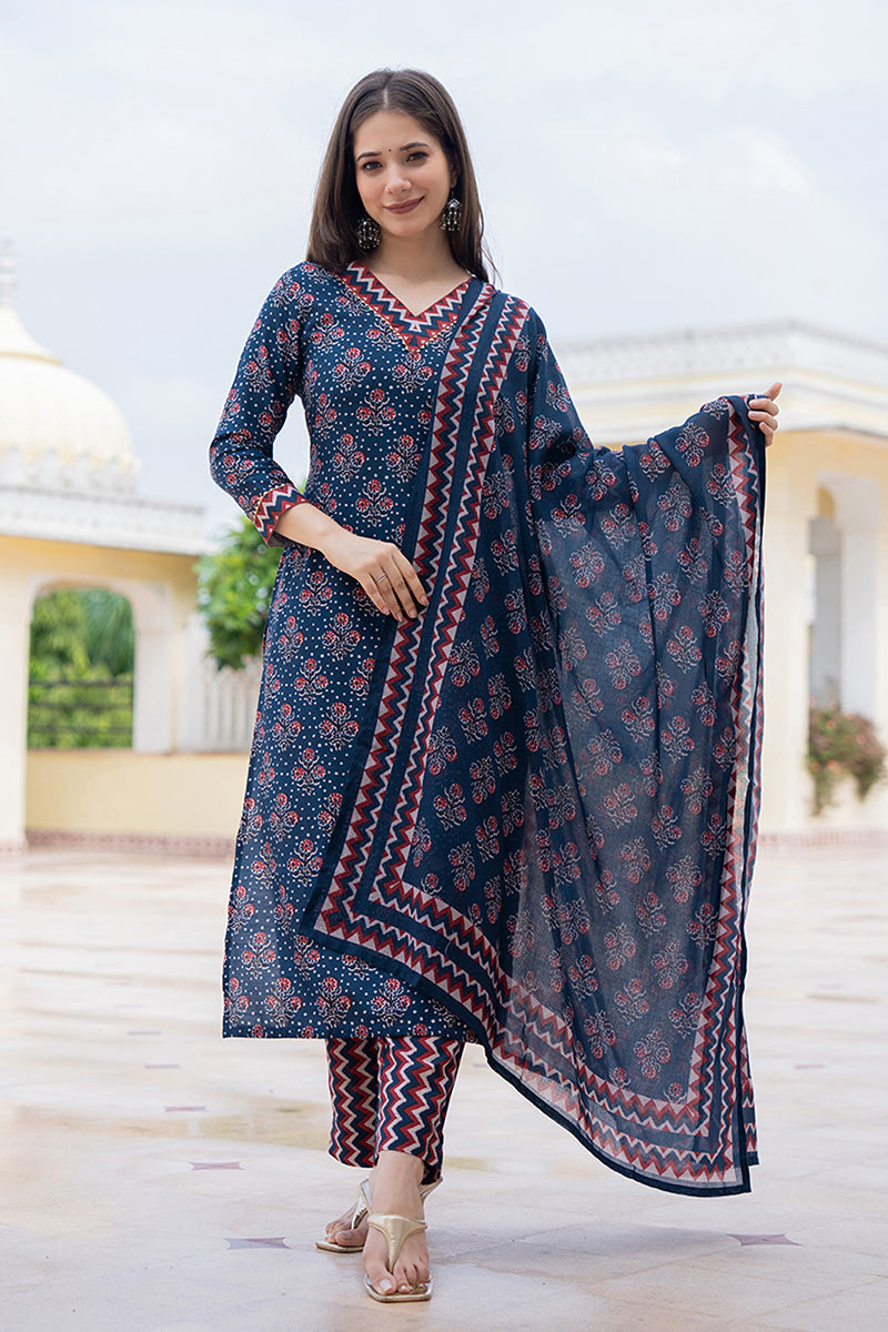 navy blue rayon blend floral printed straight trouser bottom suit set