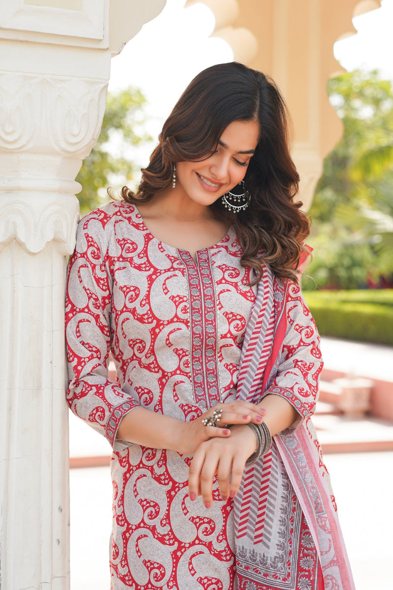 red rayon blend paisley printed straight suit set with trouser bottom 