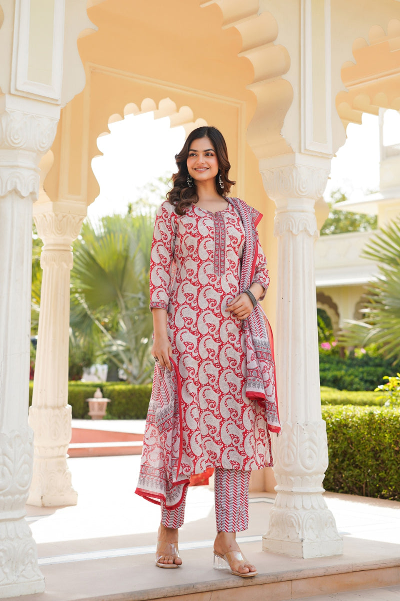 red rayon blend paisley printed straight suit set with trouser bottom 