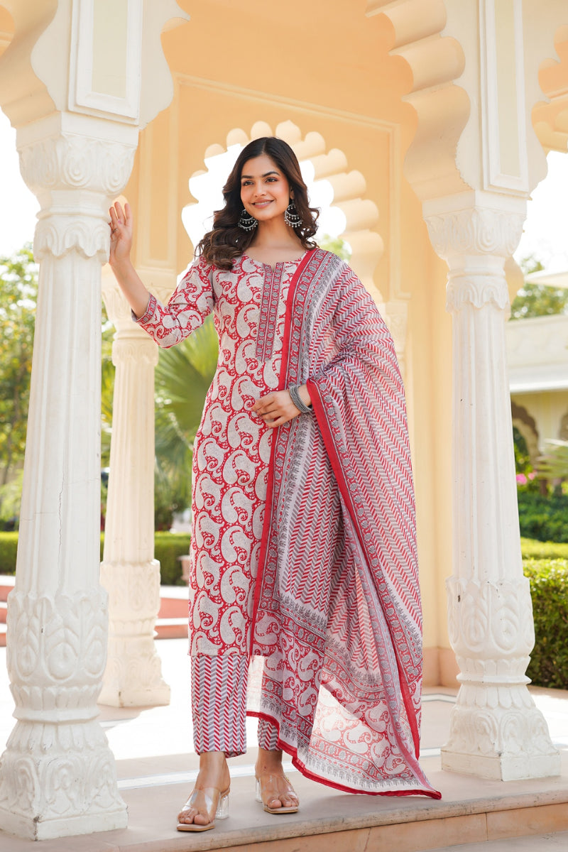 red rayon blend paisley printed straight suit set with trouser bottom 