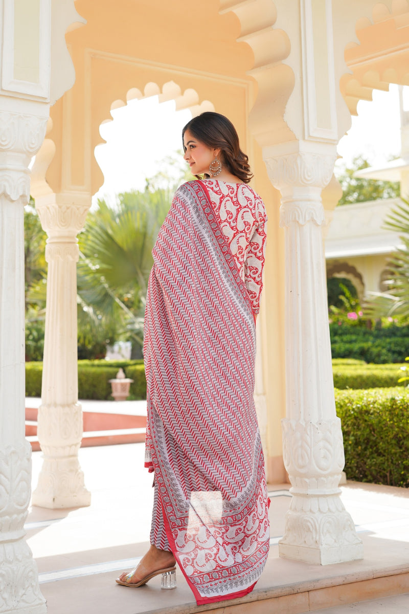 red rayon blend paisley printed straight suit set with trouser bottom 