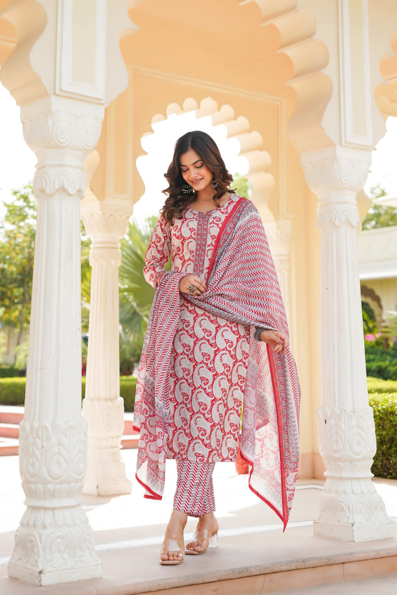 red rayon blend paisley printed straight suit set with trouser bottom 