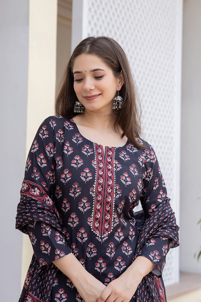 black rayon blend floral printed straight trouser bottom suit set vkskd2271