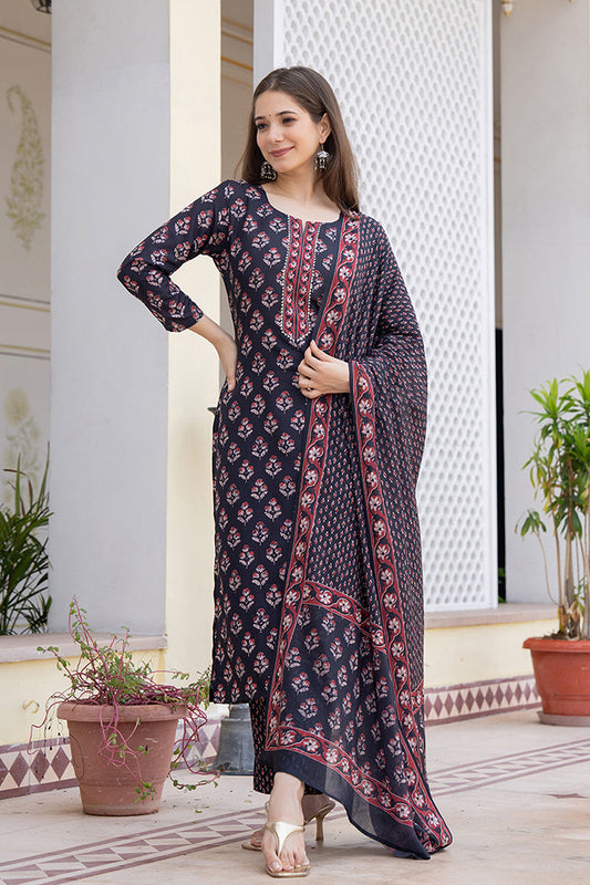 black rayon blend floral printed straight trouser bottom suit set vkskd2271