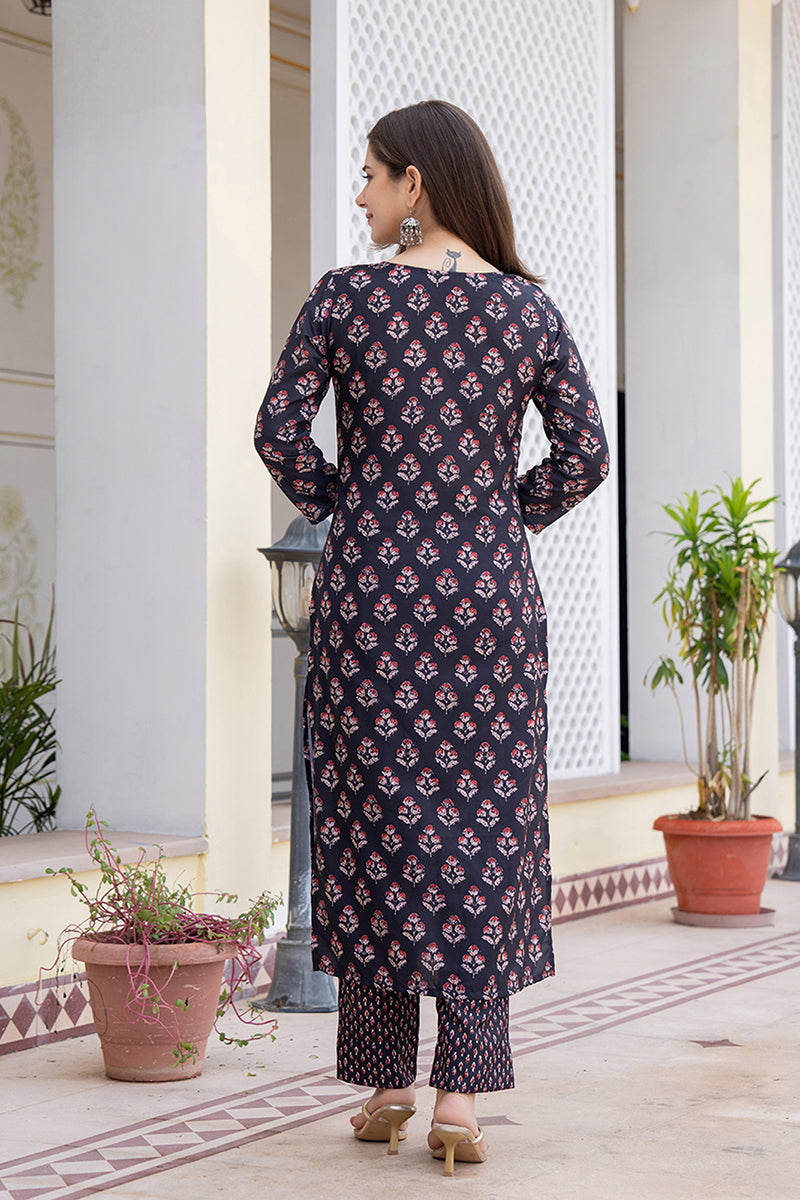 black rayon blend floral printed straight trouser bottom suit set vkskd2271