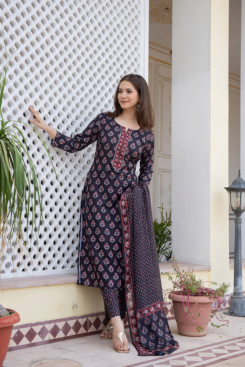 black rayon blend floral printed straight trouser bottom suit set vkskd2271