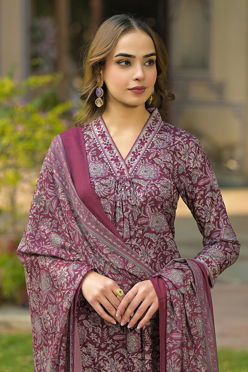 burgundy rayon blend floral printed straight suit set