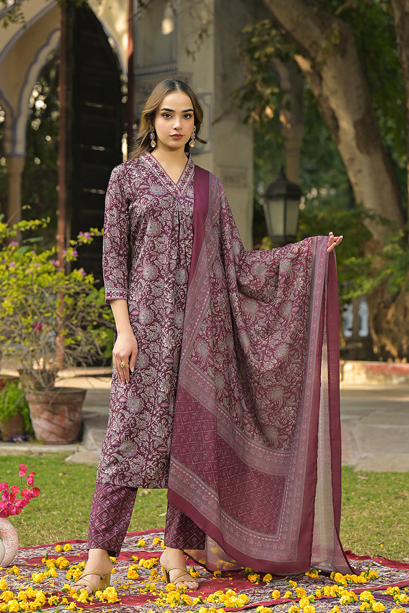 burgundy rayon blend floral printed straight suit set