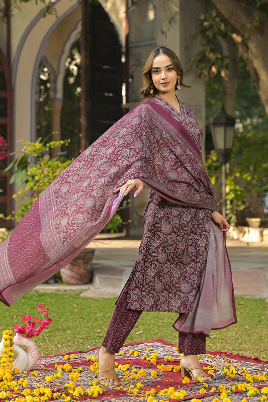 burgundy rayon blend floral printed straight suit set