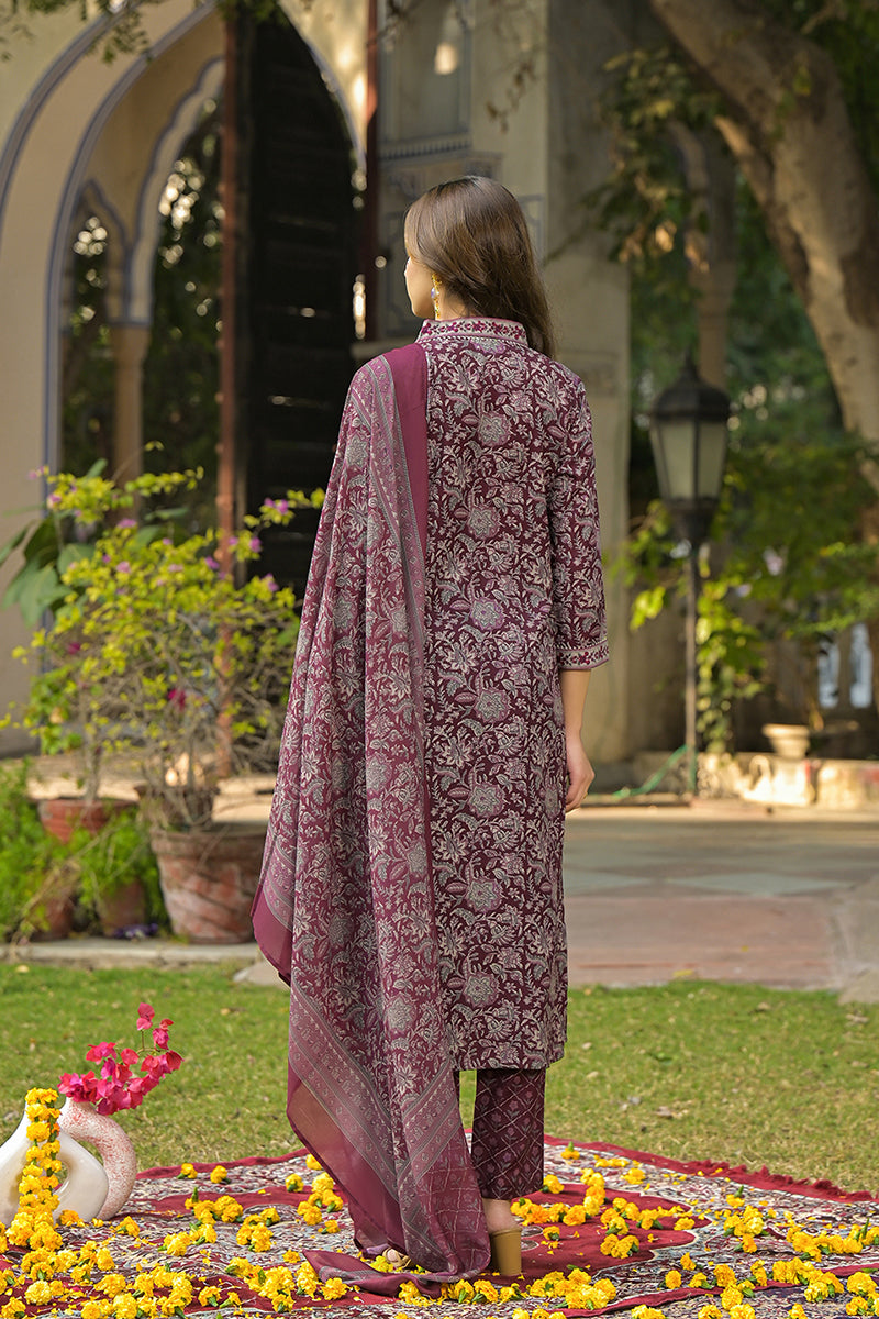 burgundy rayon blend floral printed straight suit set
