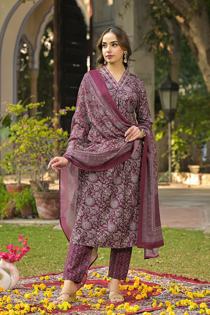 burgundy rayon blend floral printed straight suit set