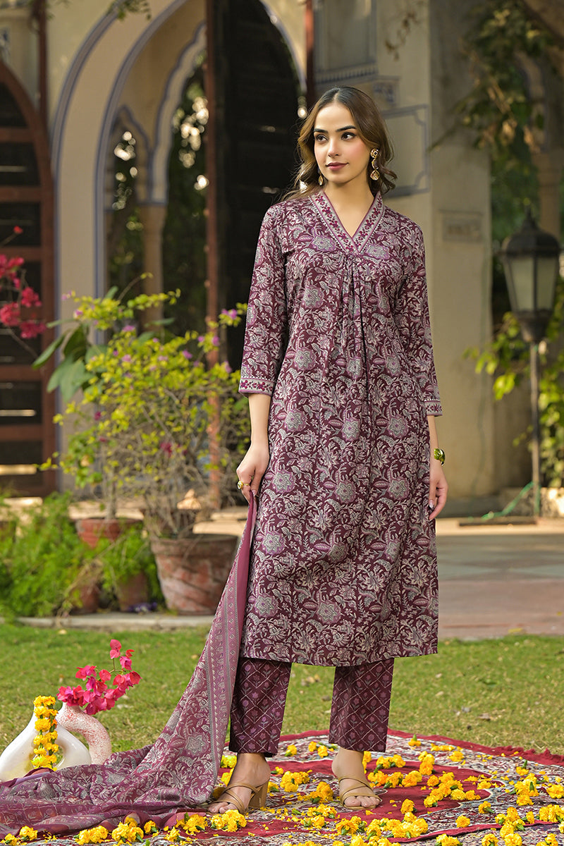 burgundy rayon blend floral printed straight suit set