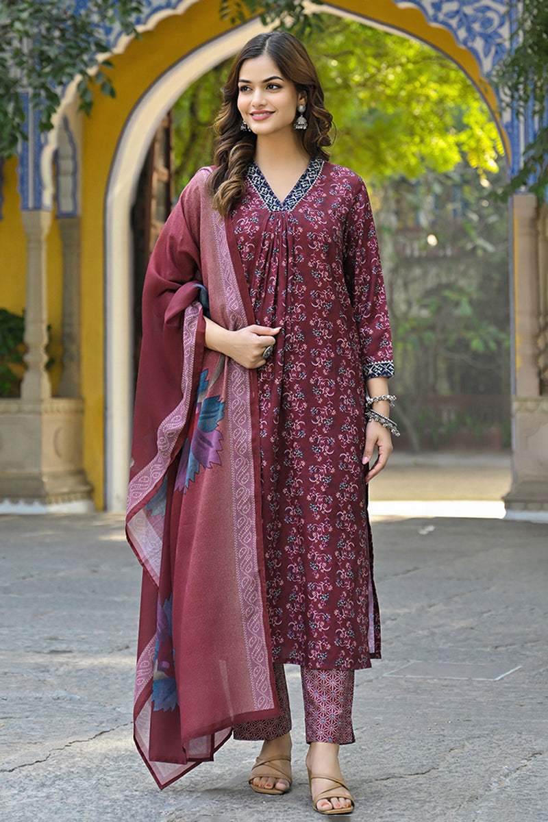 maroon rayon blend floral printed straight suit sets 
