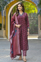 maroon rayon blend floral printed straight suit sets 