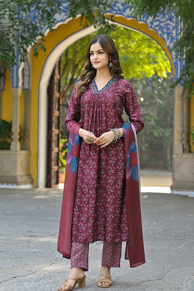 maroon rayon blend floral printed straight suit sets 