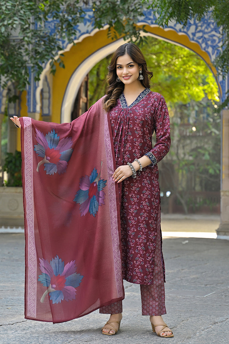 maroon rayon blend floral printed straight suit sets 