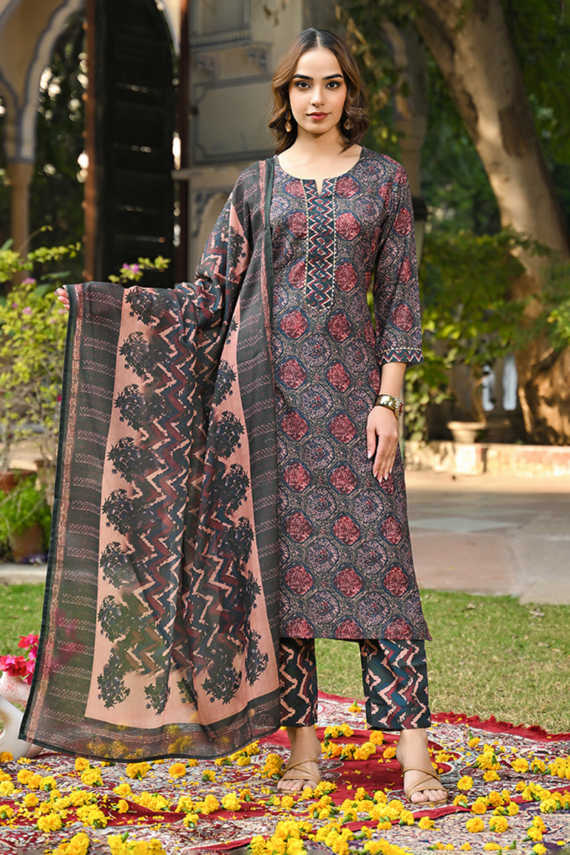multi color cotton blend floral printed straight suit set 
