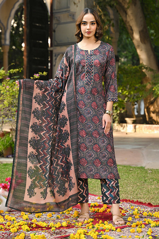 multi color cotton blend floral printed straight suit set 