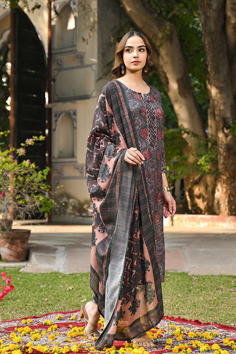 multi color cotton blend floral printed straight suit set 