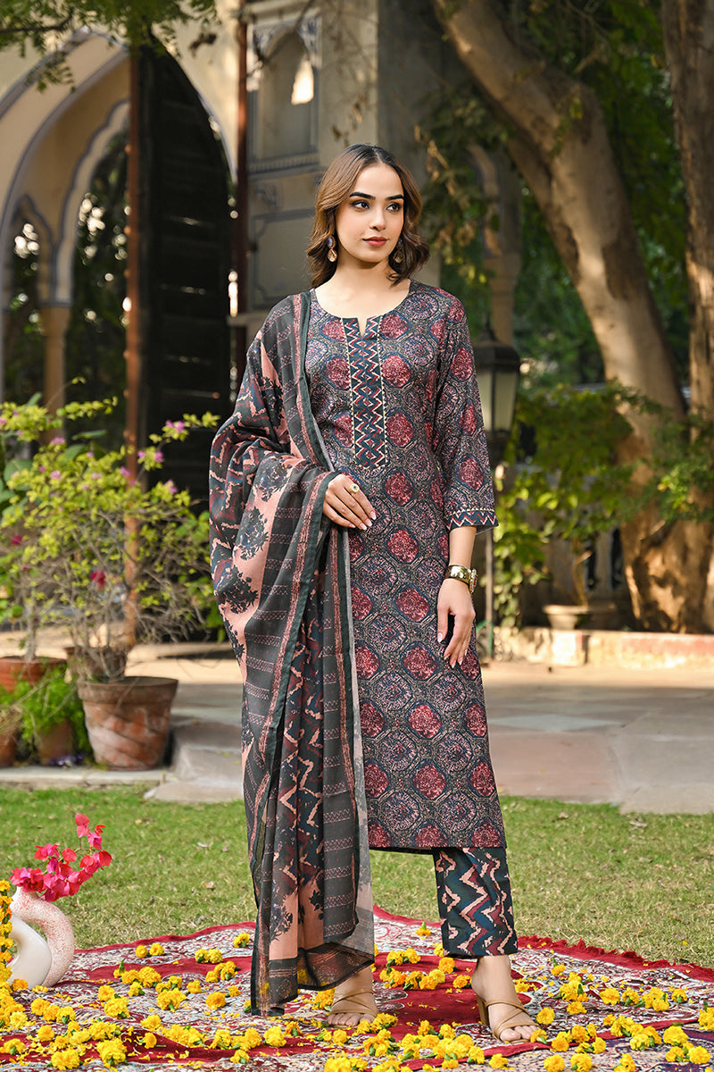 multi color cotton blend floral printed straight suit set 