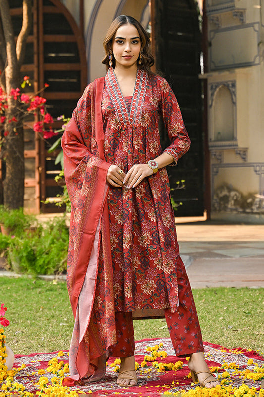 red rayon blend floral printed straight suit set vkskd2300