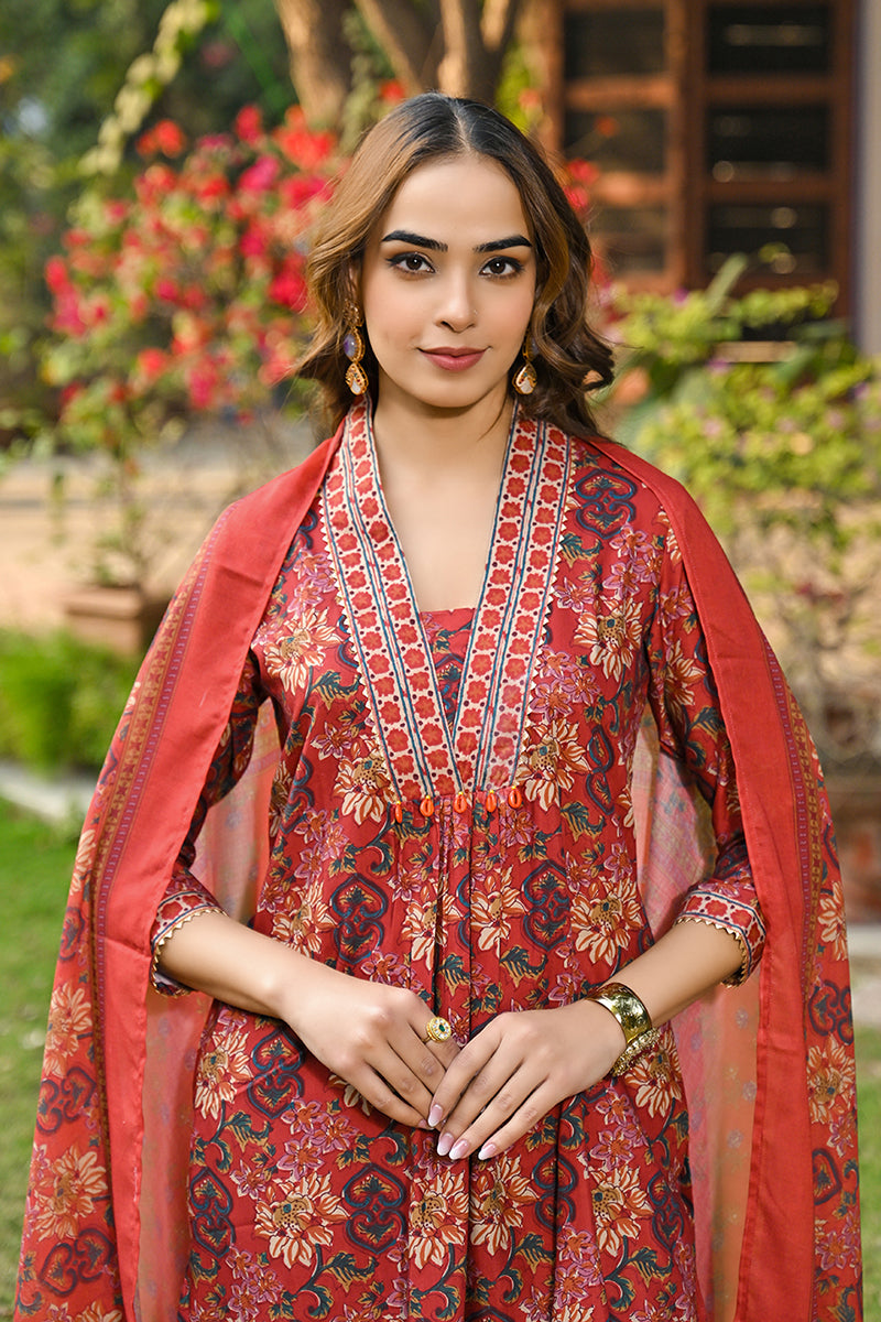 Red Rayon Blend Floral Printed Straight Suit Set