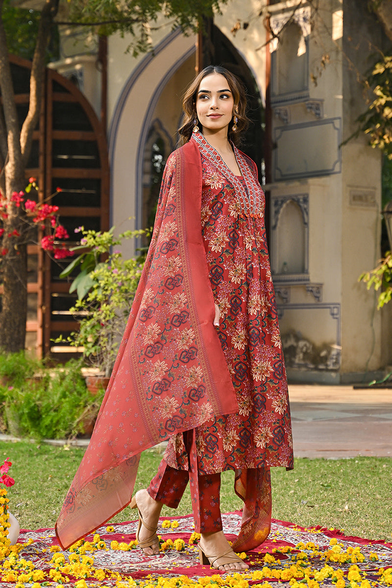 Red Rayon Blend Floral Printed Straight Suit Set
