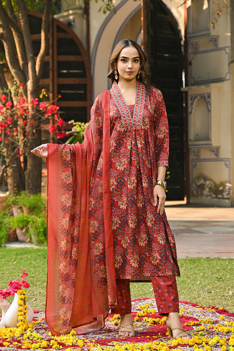 Red Rayon Blend Floral Printed Straight Suit Set