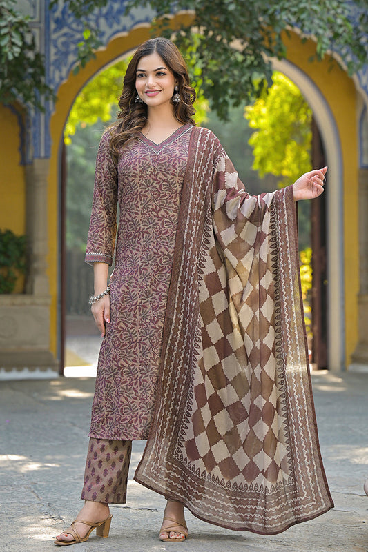 brown cotton blend floral printed straight trouser suit set vkskd2302