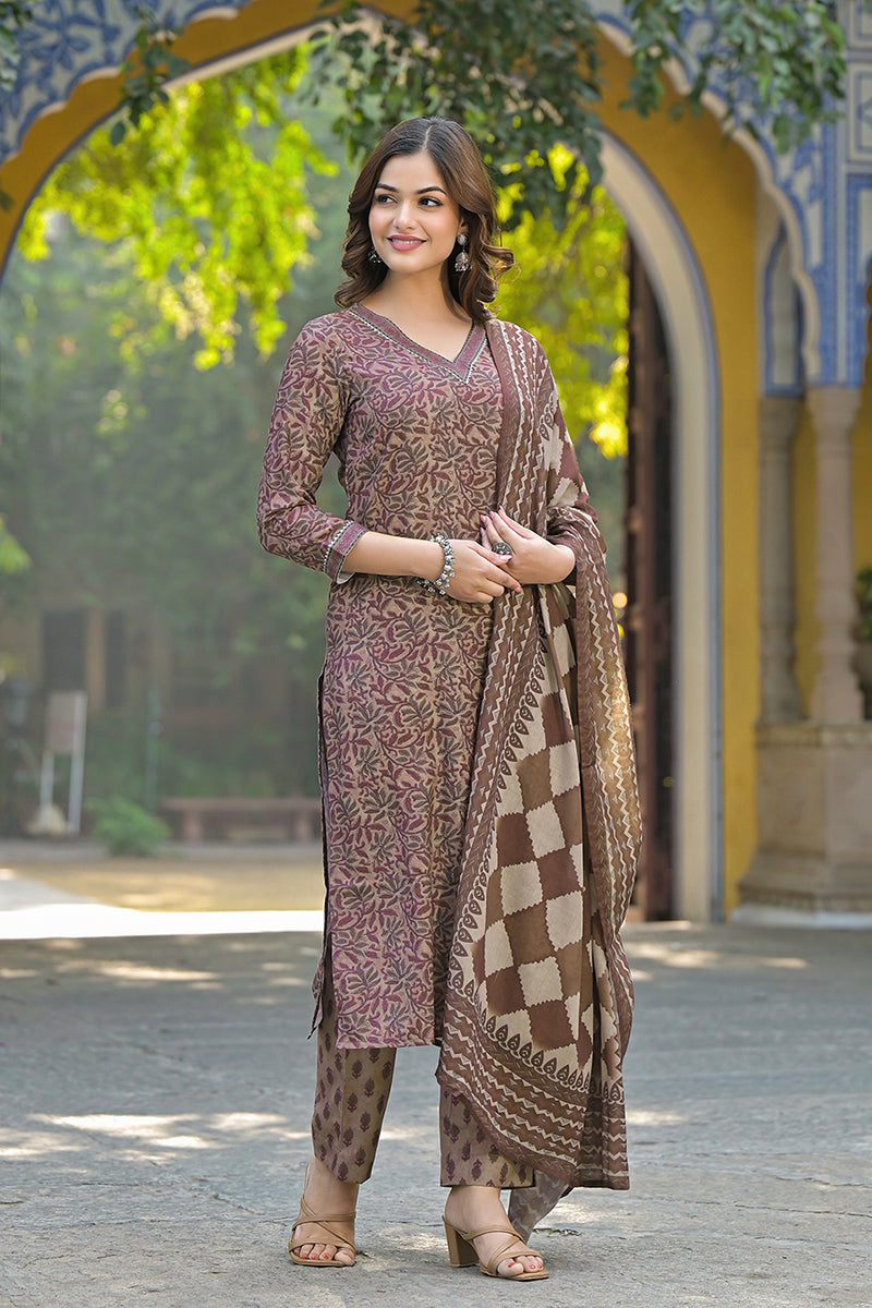 brown cotton blend floral printed straight trouser suit set vkskd2302