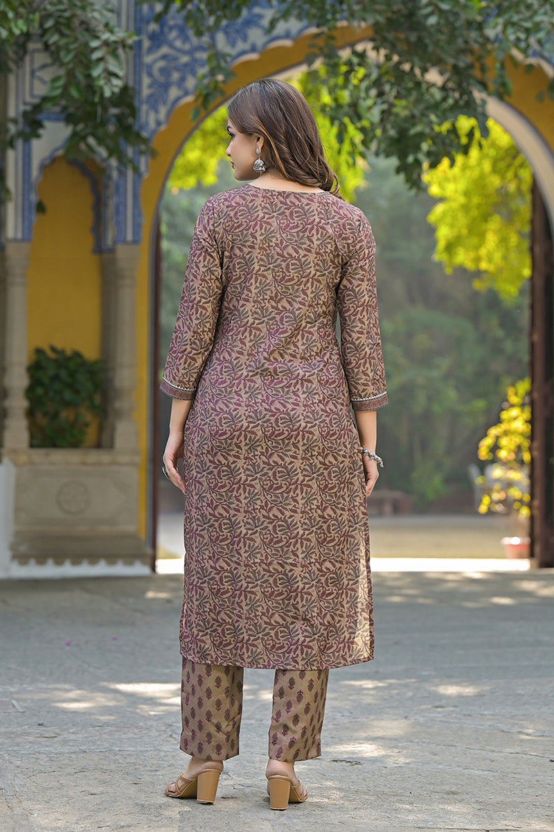 brown cotton blend floral printed straight trouser suit set vkskd2302