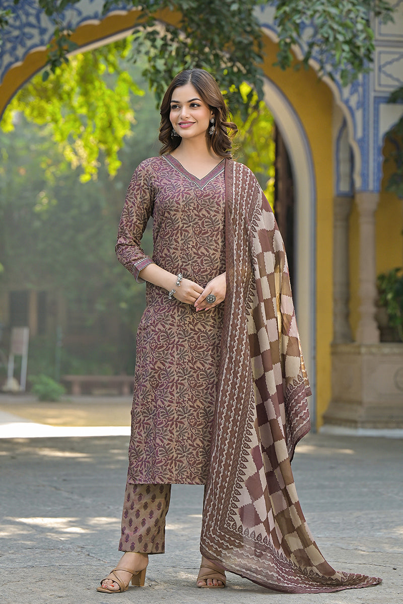 brown cotton blend floral printed straight trouser suit set vkskd2302