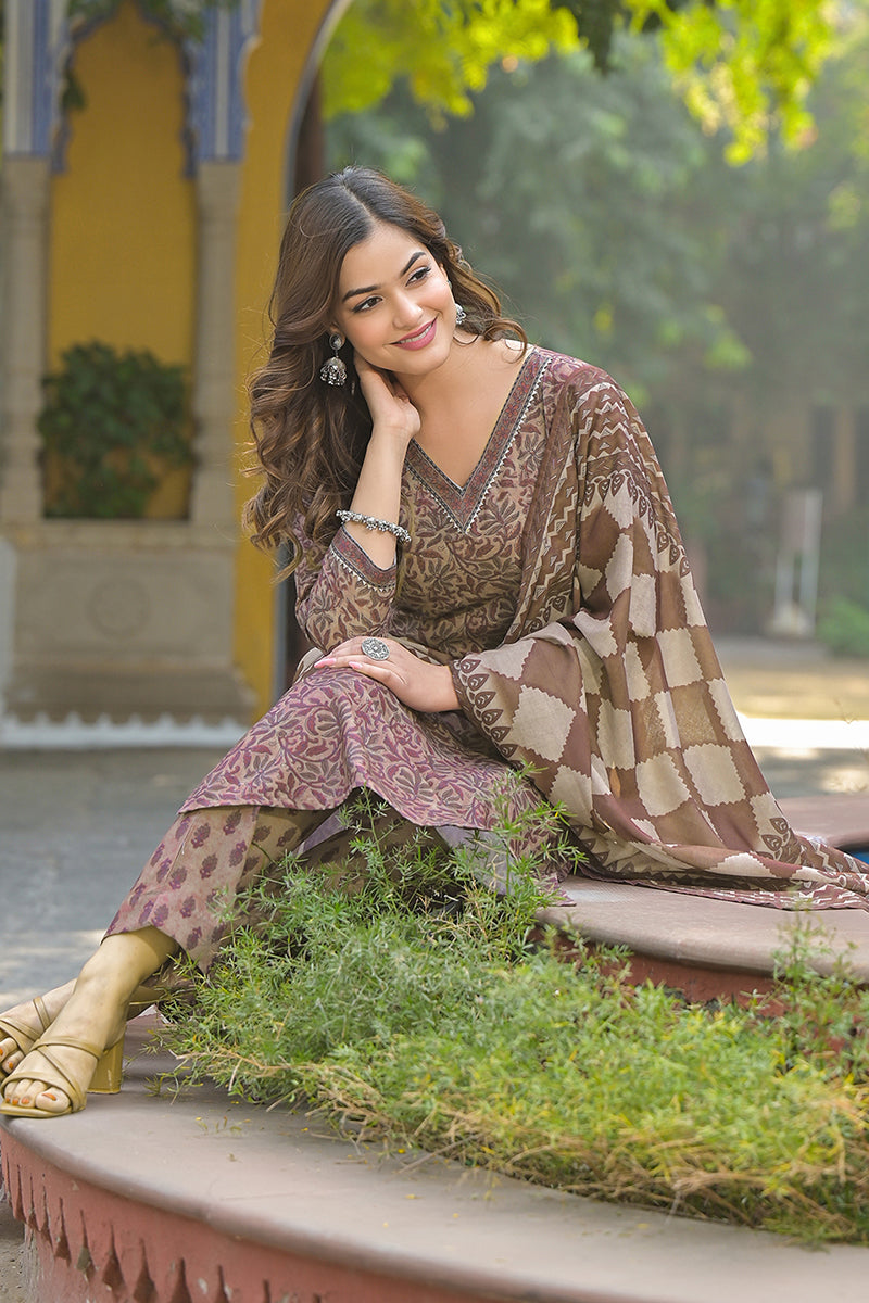 brown cotton blend floral printed straight trouser suit set vkskd2302
