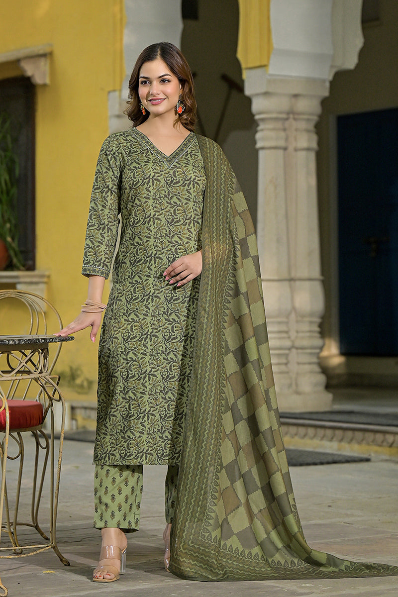 green cotton blend floral printed straight trouser suit set vkskd2303