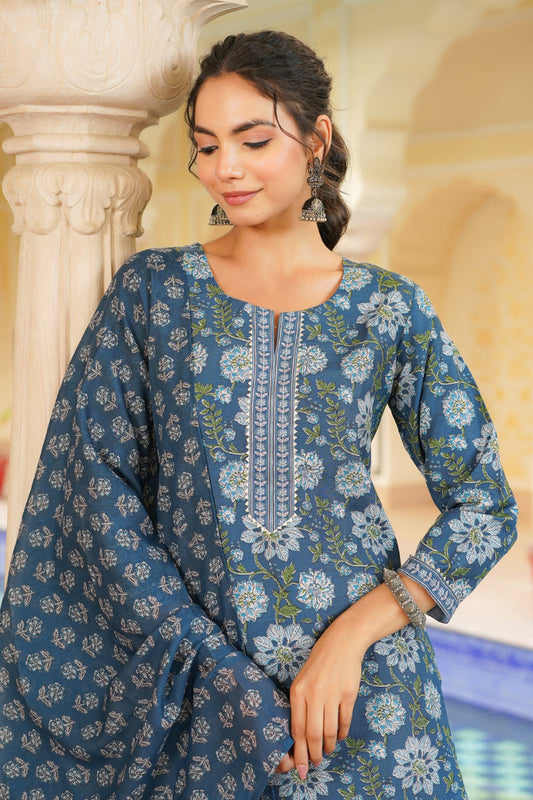 Blue Rayon Blend Floral Printed Straight Kurta Trouser With Dupatta