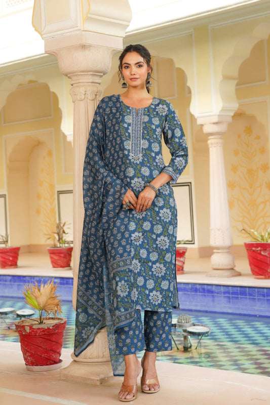 blue rayon blend floral printed straight kurta trouser with dupatta vkskd2312