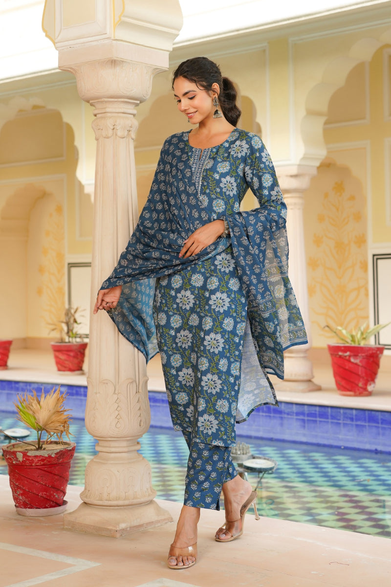 Blue Rayon Blend Floral Printed Straight Kurta Trouser With Dupatta