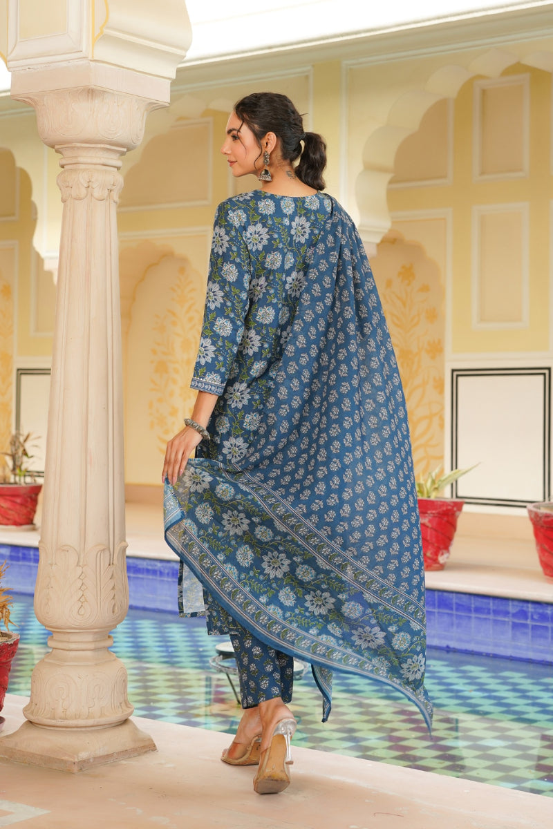 Blue Rayon Blend Floral Printed Straight Kurta Trouser With Dupatta