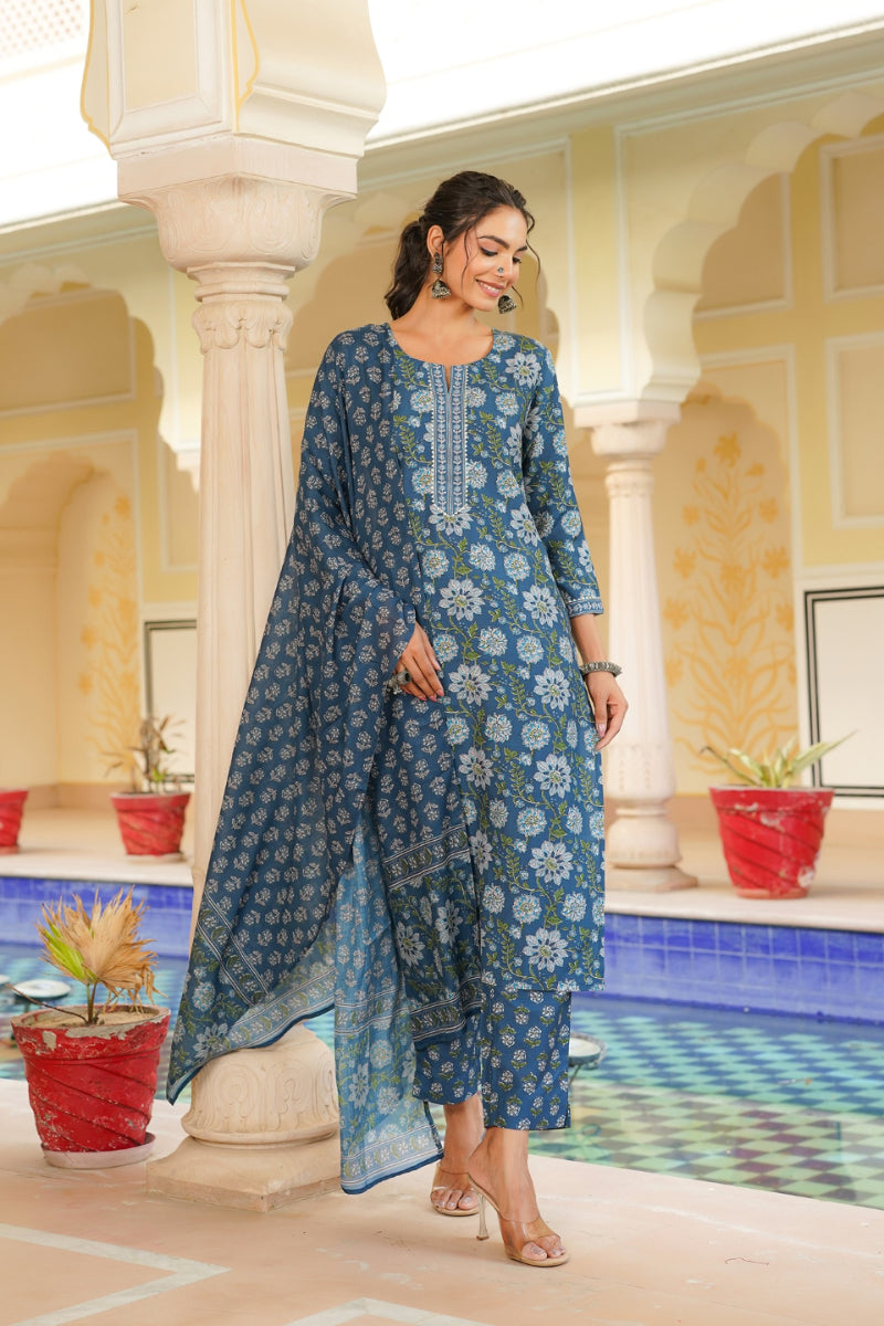 Blue Rayon Blend Floral Printed Straight Kurta Trouser With Dupatta