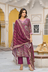 purple rayon blend paisley printed straight trouser suit set