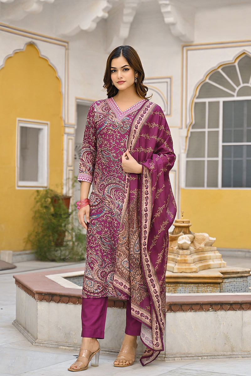 purple rayon blend paisley printed straight trouser suit set