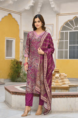 purple rayon blend paisley printed straight trouser suit set