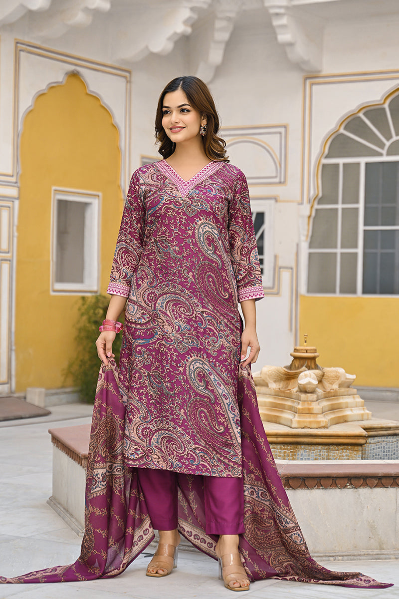 purple rayon blend paisley printed straight trouser suit set