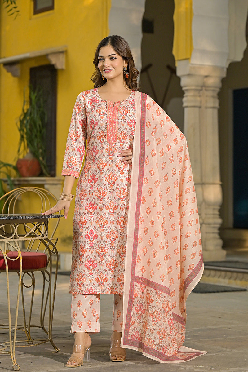 cream rayon blend floral printed straight kurta suit set