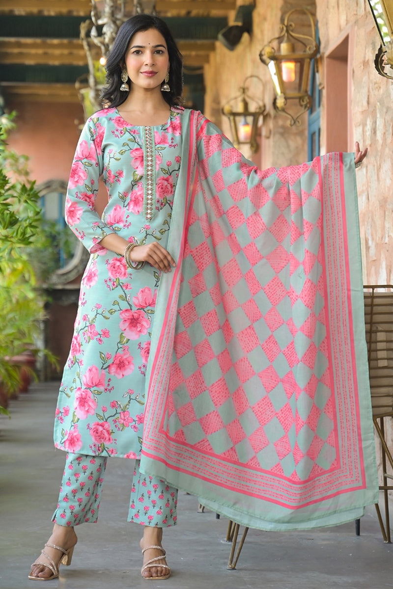 green rayon blend floral printed straight kurta trousers with dupatta vkskd2323