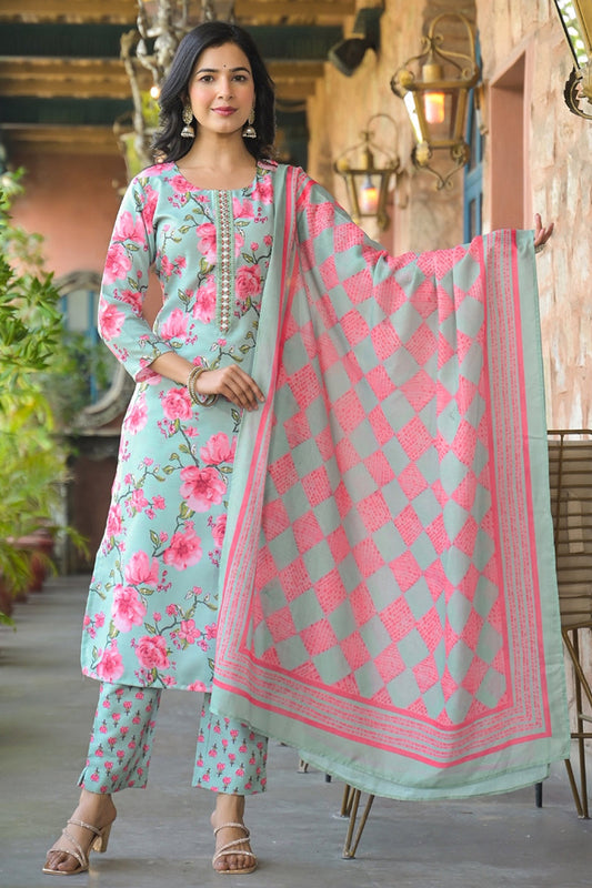 green rayon blend floral printed straight kurta trousers with dupatta vkskd2323