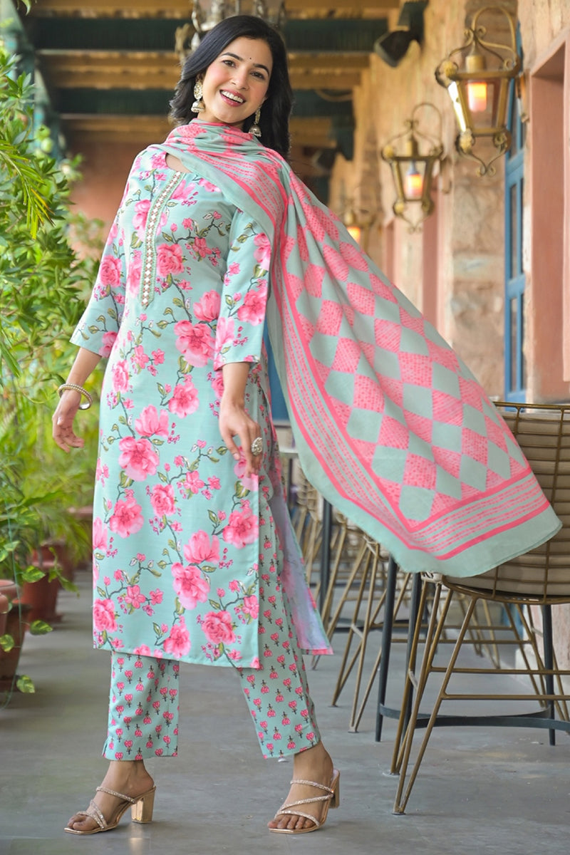 green rayon blend floral printed straight kurta trousers with dupatta vkskd2323