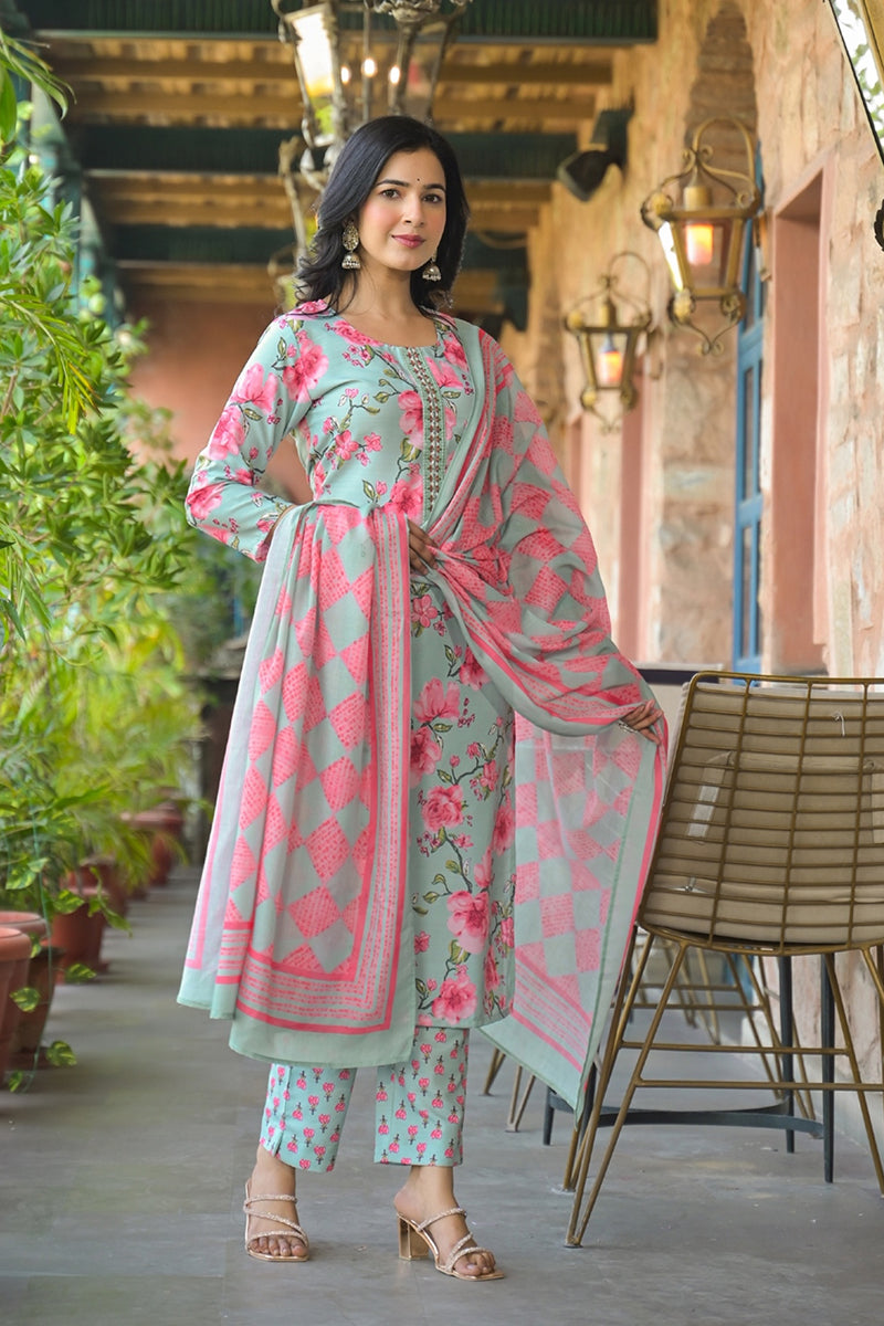 green rayon blend floral printed straight kurta trousers with dupatta vkskd2323