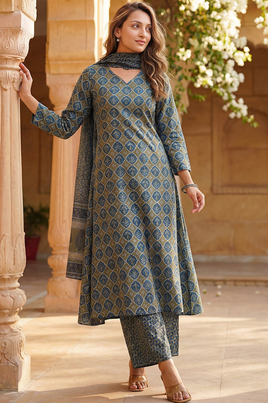 Olive Rayon Blend Floral Printed A Line Kurta Palazzo With Dupatta